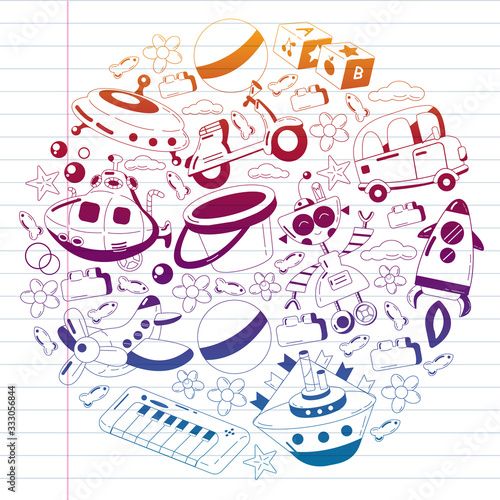 Vector set with toys icons. Pattern for kindergarten, little children. Kids playing.