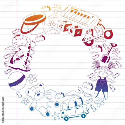 Vector set with toys icons. Pattern for kindergarten, little children. Kids playing.
