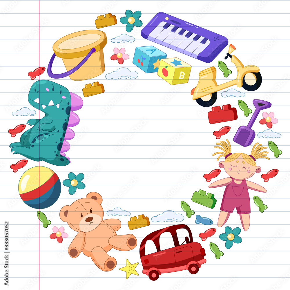 Obraz premium Vector set with toys icons. Pattern for kindergarten, little children. Kids playing.