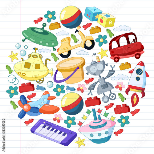 Vector set with toys icons. Pattern for kindergarten, little children. Kids playing.