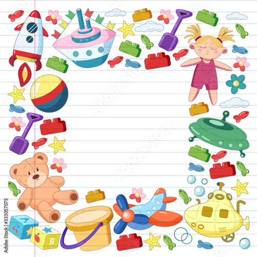 Vector set with toys icons. Pattern for kindergarten, little children. Kids playing.