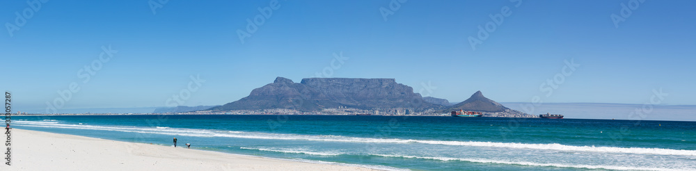 Wide-angle view of Table Mountain as seen from Blouberg Beach in Cape Town South Africa