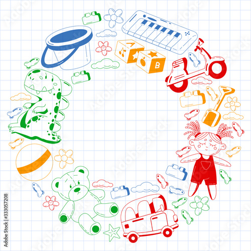 Vector set with toys icons. Pattern for kindergarten, little children. Kids playing.