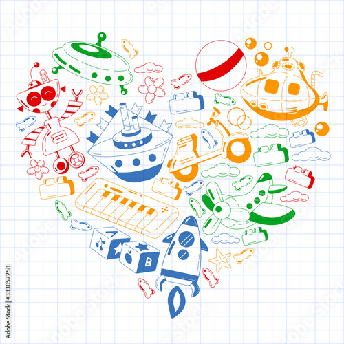 Vector set with toys icons. Pattern for kindergarten, little children. Kids playing.
