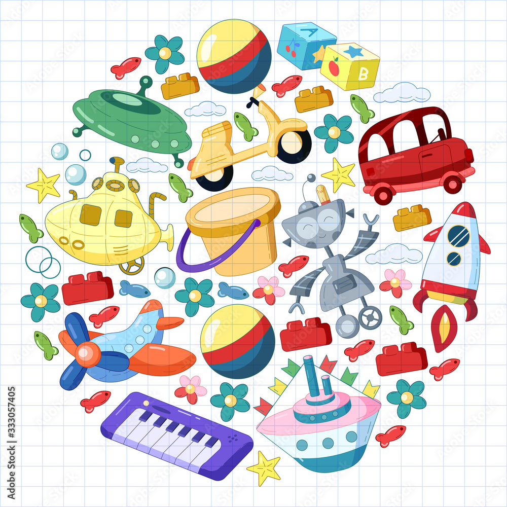 Vector set with toys icons. Pattern for kindergarten, little children. Kids playing. Vector set with toys icons. Pattern for kindergarten, little children. Kids playing.
