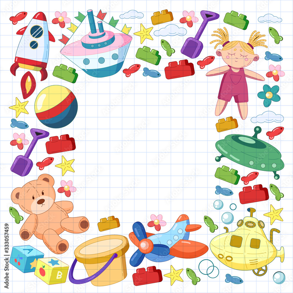 Vector set with toys icons. Pattern for kindergarten, little children. Kids playing. Vector set with toys icons. Pattern for kindergarten, little children. Kids playing.