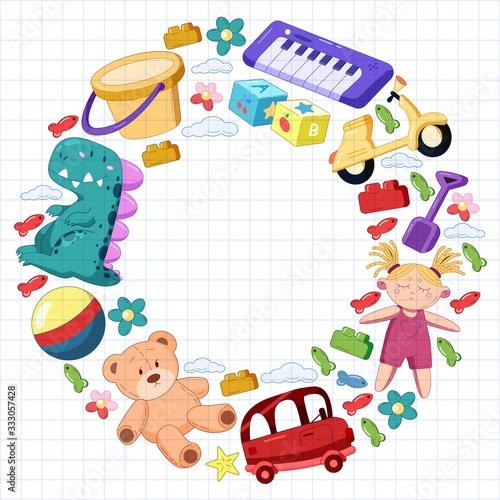 Vector set with toys icons. Pattern for kindergarten, little children. Kids playing.