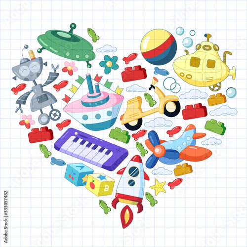 Vector set with toys icons. Pattern for kindergarten, little children. Kids playing.