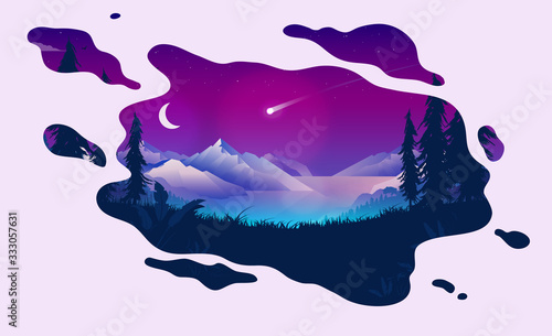 Dreaming night landscape - Nature scene in a dreamlike fluid shape. Shooting star and moon in the sky, ocean, forest and mountains in front. Good night sleep and nighttime concept. Vector illustration