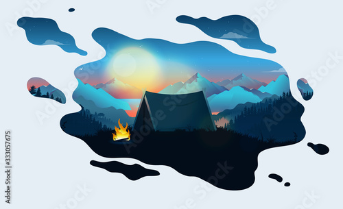 Camping dream - a dreamy scene with tent and fireplace at sunrise. Dreaming of hiking, freedom and recreation concept. Vector illustration.