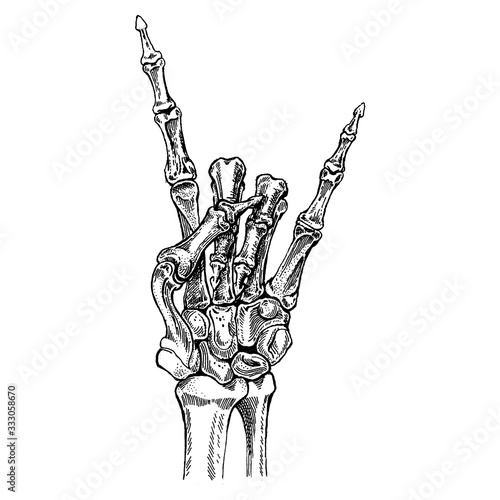 Skeleton hand. Rock-n-roll star. Heavy metal, rock music.
