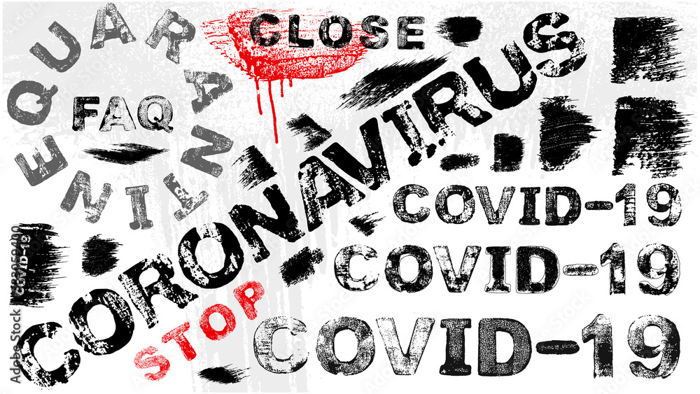 set of grunge words of coronavirus covid-19 theme with 15 brush strokes, vector EPS10 set of grunge words of coronavirus covid-19 theme with 15 brush strokes, vector EPS10