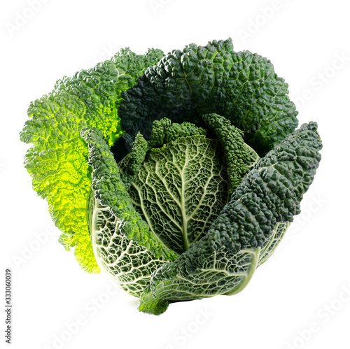 Ripe Fresh Green Savoy cabbage isolated on white. photo