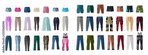 Male and female clothing elements. Pants, trousers and underwear for men and women. A set of fashion and style elements.