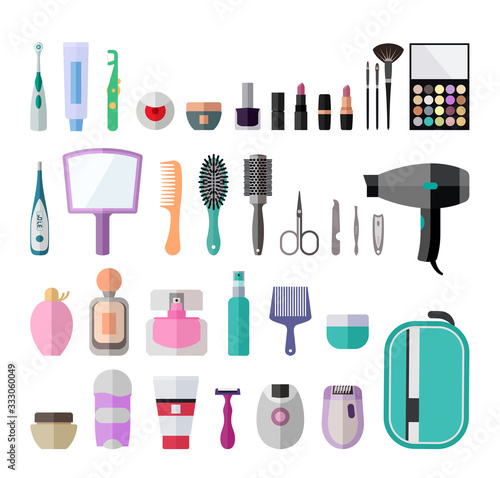 Flat icon set for personal hygiene items for women. Bathroom hygiene set for female.