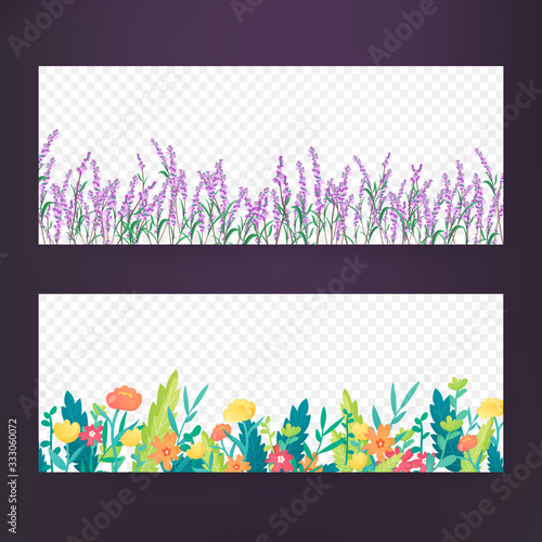 Bright floral borders on transparent background.