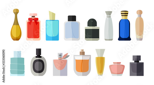 Flat icon set of parfume bottles. Man and women fragrances in various shaped bottles.