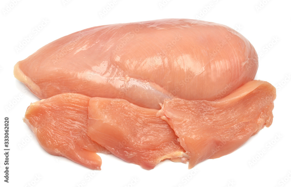 Raw chicken fillet isolated on a white background. Perfectly retouched, full depth of field on the photo. Top view, flat lay Raw chicken fillet isolated on a white background. Perfectly retouched, full depth of field on the photo. Top view, flat lay