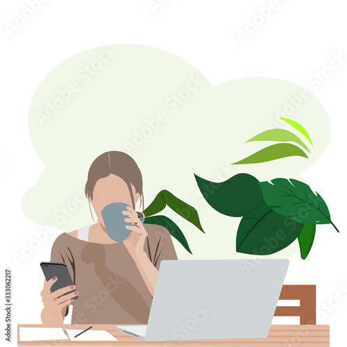 Cute girl work from home in garden vector design 
