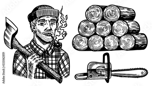 Lumberjack with axe. Woodsman character and work tools Set. Downed logs, Saw or chainsaw. Hand drawn elements. Logger or axeman or woodcutter. Vector illustration. Engraved Monochrome Vintage Sketch.