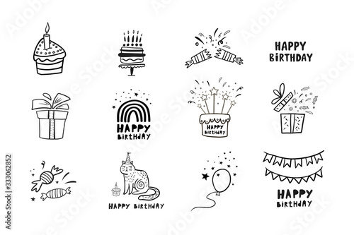 Birthday set. Vector birthday illustration. Doodle style drawing. Birthday icon set. Linear illustration