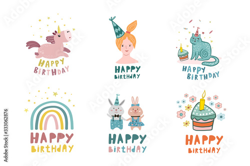Birthday set. Vector illustration for birthday design. Collection of birthday drawings. Birthday card. Flat style drawings.