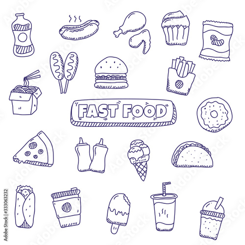 Fast food doodles vector illustration in cute hand drawn style isolated on white background  