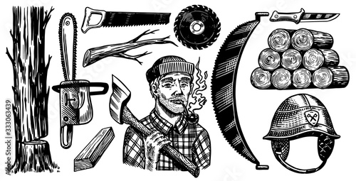 Lumberjack with axe. Woodsman character and work tools Set. Downed logs, Saw or chainsaw. Hand drawn elements. Logger or axeman or woodcutter. Vector illustration. Engraved Monochrome Vintage Sketch.