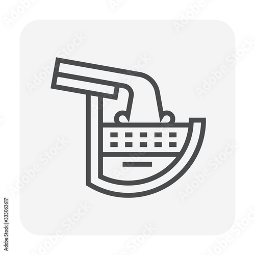 Rain gutter and rainwater pouring icon with halfline shape. Include foam gutter guard or gutterstuff or foam filter insert made from sponge for protection from damage, clogged and reduce cleaning.