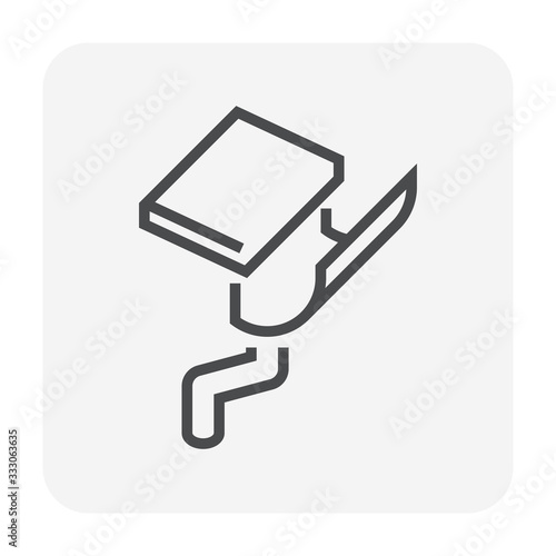 Halfline style gutter vector icon. Also call rain gutter or eavestrough. Include roof, downpipe or downspout and pipeline for water discharge and drainage system to protect building from rainwater.