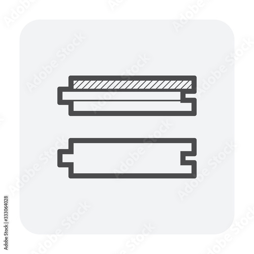 Engineered wood and solid wood flooring construction joint icon. That is a traditional tongue groove joint in side or profile view with innovative locking joint system to create gap-free floor.