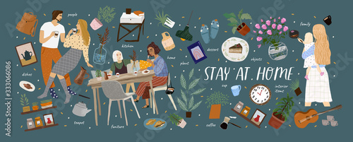 Stay at home! Vector cute illustration of Coronavirus quarantine, self isolation. Cozy interior furniture, family, couple, dishes, plant, isolated home objects set. Drawings for banner, card, postcard