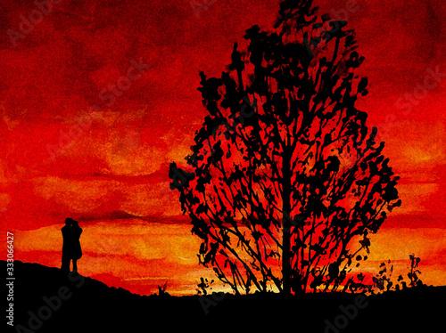 Lovers Red Sky Sunset Silhouette Painting