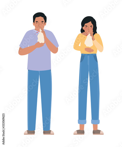 Avatar woman and man with covid 19 virus coughing holding tissue vector design