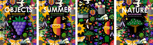 Fototapeta Summer time! Set posters of summer blooming flowers, juicy fruits, abstract birds, butterfly, garden and nature on black background. Vector illustration for banner, card, poster or postcard