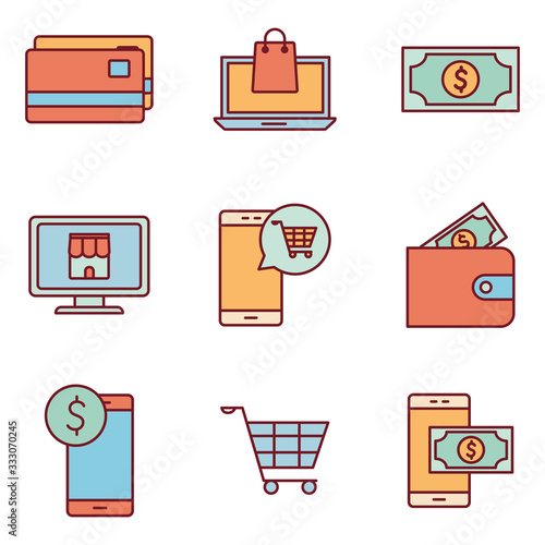 Payments online line and fill style icon set vector design