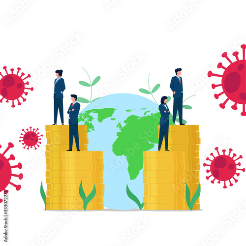 Business flat vector concept people standing on coins stack to save the world from corona virus.