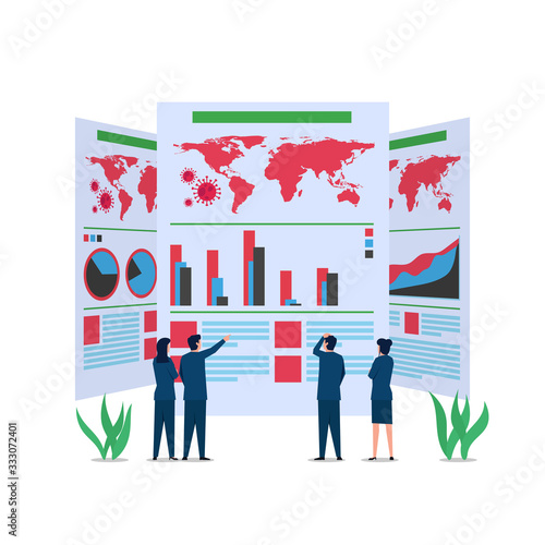 Business flat vector concept people see corona virus spreading the world on paper.