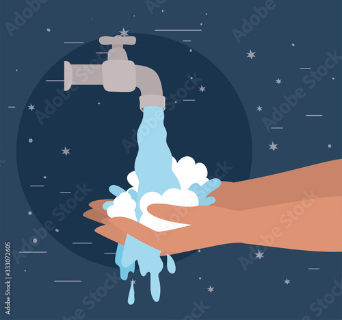 Hands washing under water tap vector design