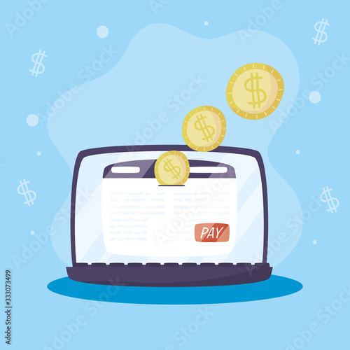 Payments online technology with laptop and coins