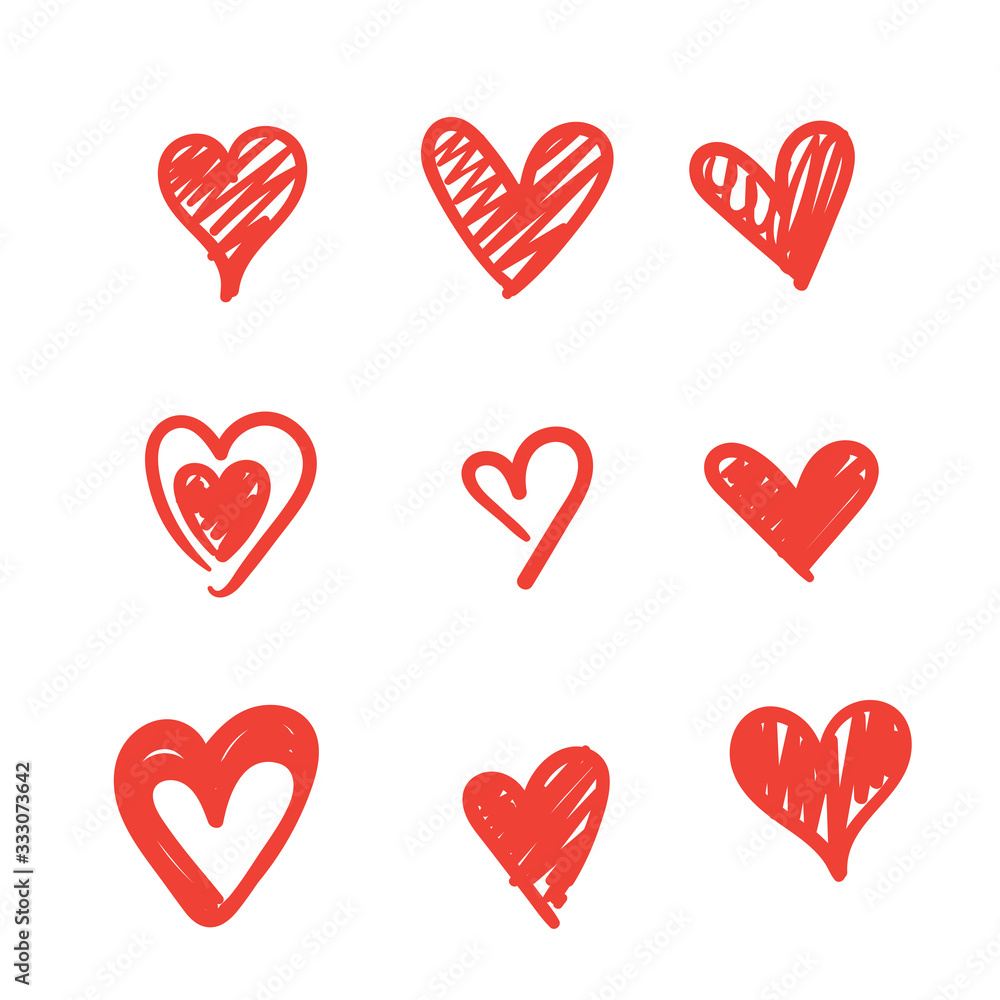 Doodle hearts, hand drawn love heart collection.red color.isolated