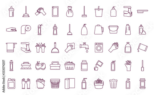 Cleaning service items line style icon set vector design