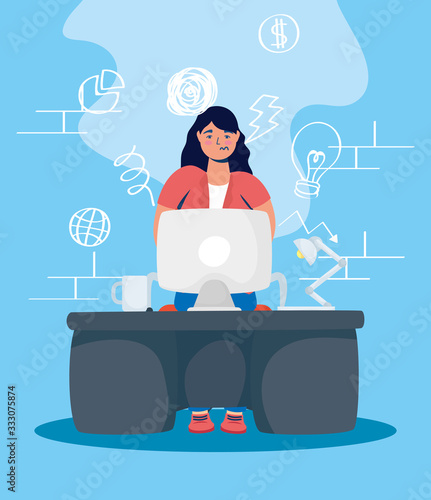 woman using desktop with stress character