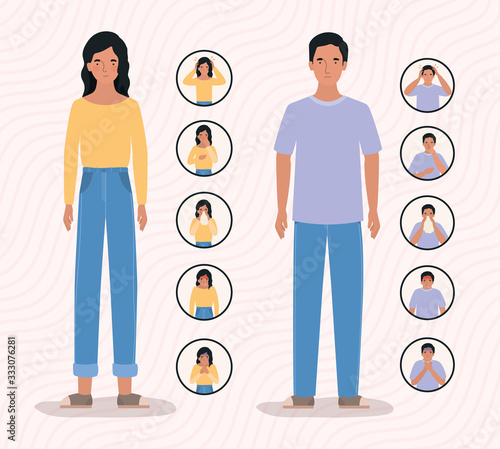 Woman and man with 2019 ncov virus symptoms vector design