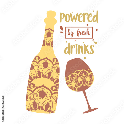 Yellow concept style of bottle and glass for amarula and beer. Vector