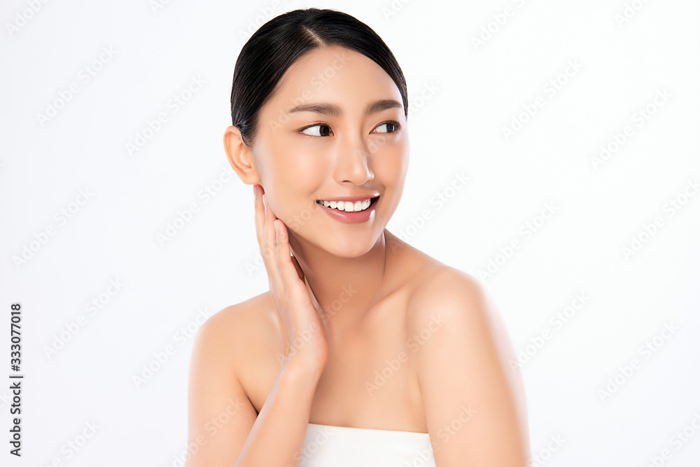 Beautiful Young Asian Woman with Clean Fresh Skin. Face care, Facial treatment, Cosmetology, beauty and healthy skin and cosmetic concept, woman beauty skin isolated on white background Beautiful Young Asian Woman with Clean Fresh Skin. Face care, Facial treatment, Cosmetology, beauty and healthy skin and cosmetic concept, woman beauty skin isolated on white background