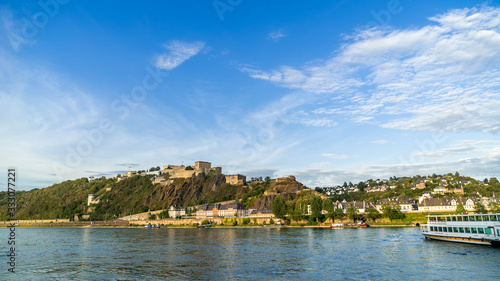 Ehrenbreitstein Fortress on the side of the Rhine and German Corner Deutsche Eck in Koblenz, Germany