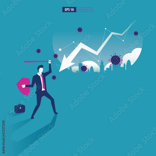Economic downturn caused by a Coronavirus pandemic or COVID-19 concept. Businessman faces an economic crisis which is marked by arrow symbol. Vector illustration