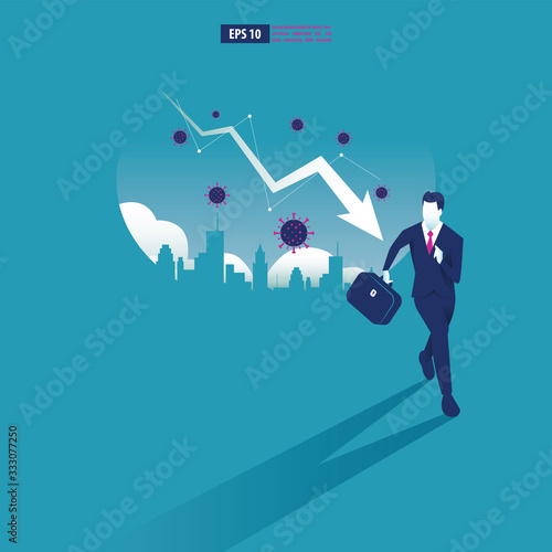 Economic downturn caused by a Coronavirus pandemic or COVID-19 concept. Businessman faces an economic crisis which is marked by arrow symbol. Vector illustration