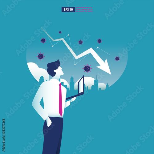 Economic downturn caused by a Coronavirus pandemic or COVID-19 concept. Businessman faces an economic crisis which is marked by arrow symbol. Vector illustration